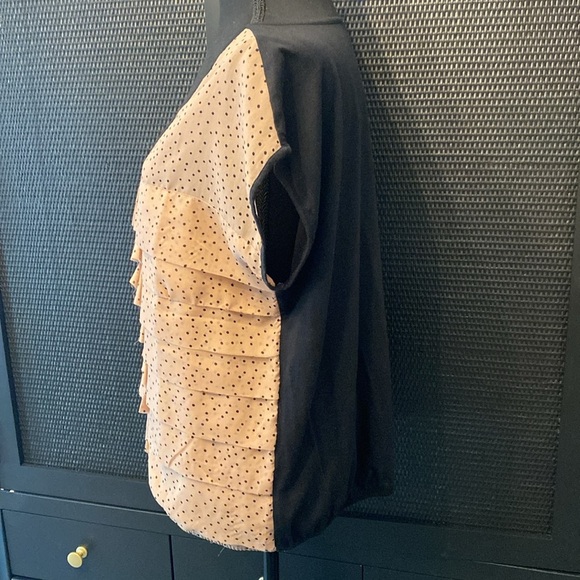 LOFT Raw Edge Ruffle Cap Sleeve Pink - Black Polka Dot Blouse - Picture 3 of 4